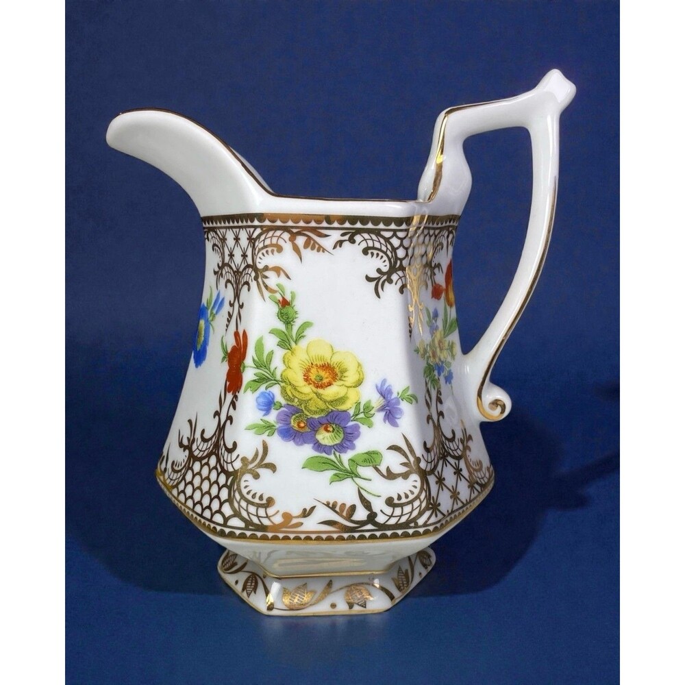 Royal Danube Porcelain Pitcher Hexagon Floral Gold Gilt Vintage 6 7/8” MCM Mint